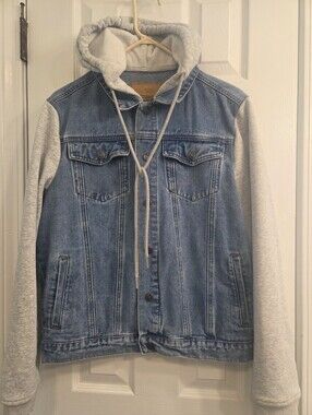 Krispy Kreme Brand Men's SM Hooded Denim Jacket with Gray Sweetshirt Sleeves